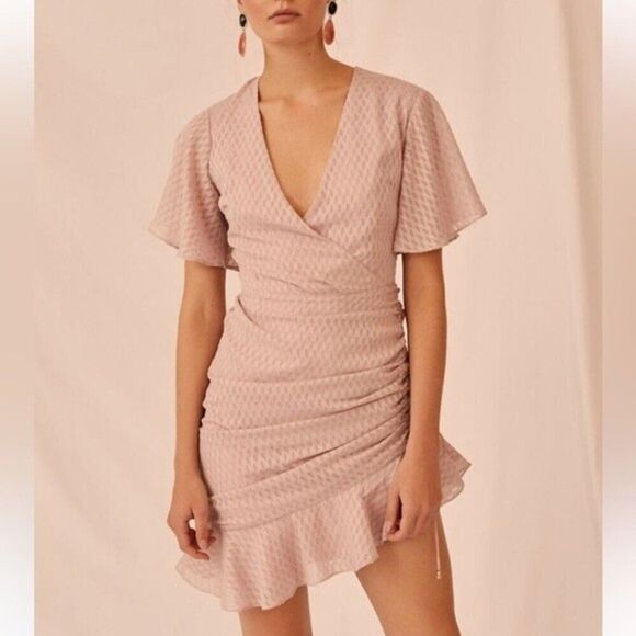 Keepsake Insight Pink Short Sleeves Textured Wrap Ruffle Mini Dress Size S - Picture 1 of 10